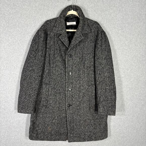 Calvin Klein Jacket Large Black Wool Tweed Pea Coat Long Warm Pockets Collar - Picture 1 of 13